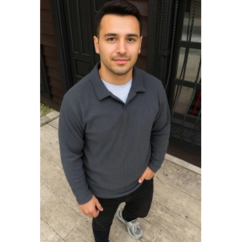 Erkek Fitilli Polar Sweatshirt – Düğmesiz Polo Yaka, Oversize Rahat Kalıp, Kalın Polar Kumaş, Kışlık ve Baharlık Şık Günlük Üst - Füme