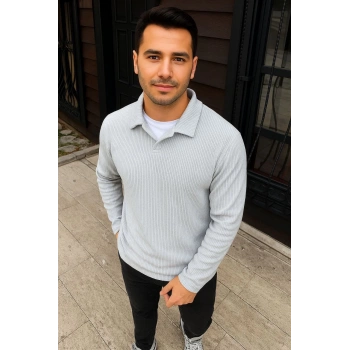 Erkek Fitilli Polar Sweatshirt – Düğmesiz Polo Yaka, Oversize Rahat Kalıp, Kalın Polar Kumaş, Kışlık ve Baharlık Şık Günlük Üst - Gri