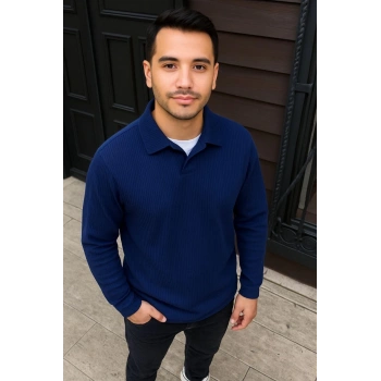 Erkek Fitilli Polar Sweatshirt – Düğmesiz Polo Yaka, Oversize Rahat Kalıp, Kalın Polar Kumaş, Kışlık ve Baharlık Şık Günlük Üst - Lacivert