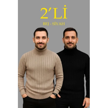 Erkek Fitilli Triko Kazak 2li Set Bej Siyah Regular Balıkcı Yaka Tam Boğazlı Triko Seti Modeli Kazak
