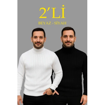Erkek Fitilli Triko Kazak 2li Set Beyaz Siyah Regular Balıkcı Yaka Tam Boğazlı Triko Seti Modeli Kazak