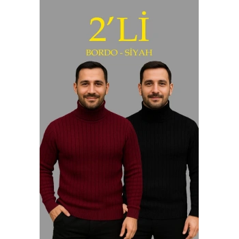 Erkek Fitilli Triko Kazak 2li Set Bordo Siyah Regular Balıkcı Yaka Tam Boğazlı Triko Seti Modeli Kazak