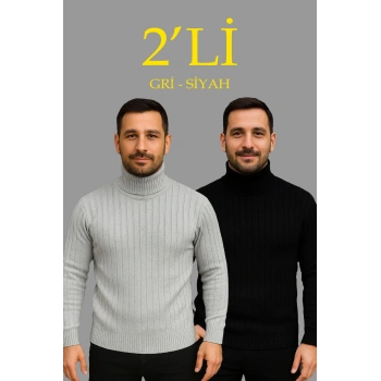 Erkek Fitilli Triko Kazak 2li Set Gri Siyah Regular Balıkcı Yaka Tam Boğazlı Triko Seti Modeli Kazak