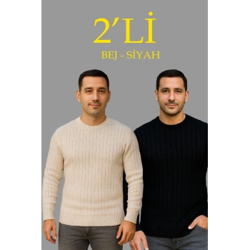Erkek Fitilli Triko Kazak 2’li Set Bej Beyaz Kalın Dokuma Pamuklu Regular Fit Bisiklet