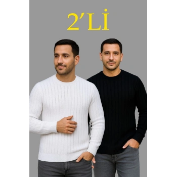 Erkek Fitilli Triko Kazak 2’li Set Siyah Beyaz Kalın Dokuma Pamuklu Regular Fit Bisiklet