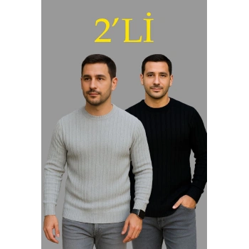 Erkek Fitilli Triko Kazak 2’li Set Siyah Gri Kalın Dokuma Pamuklu Regular Fit Bisiklet