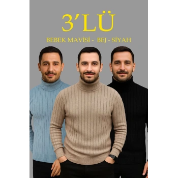 Erkek Fitilli Triko Kazak 3lÜ Set Bebek Mavisi Bej Siyah Regular Balıkcı Yaka Tam Boğazlı Triko Seti Modeli Kazak