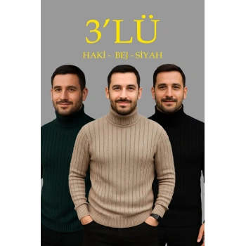 Erkek Fitilli Triko Kazak 3lÜ Set Bej Haki Siyah Regular Balıkcı Yaka Tam Boğazlı Triko Seti Modeli Kazak
