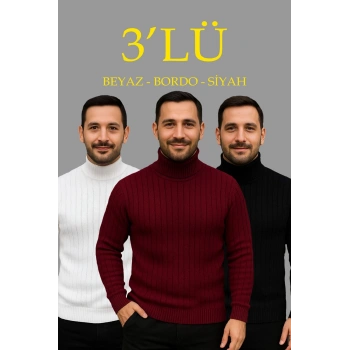 Erkek Fitilli Triko Kazak 3lÜ Set Beyaz Bordo Siyah Regular Balıkcı Yaka Tam Boğazlı Triko Seti Modeli Kazak