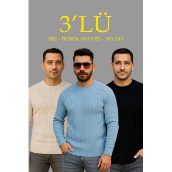 Erkek Fitilli Triko Bisiklet Yaka Kalın Kazak 3lü Set Bej-Bebek Mavisi-Siyah