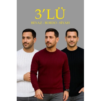 Erkek Fitilli Triko Bisiklet Yaka Kalın Kazak 3lü Set Beyaz-Bordo-Siyah