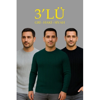 Erkek Fitilli Triko Kazak 3lü Set Gri Haki Siyah Regular Fit Bisiklet Yaka Triko Seti Modeli Kazak
