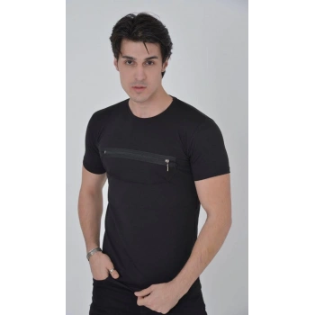 Erkek Göğüste Fermuar Aksesuarlı Dar Kalıp T-Shirt - Siyah