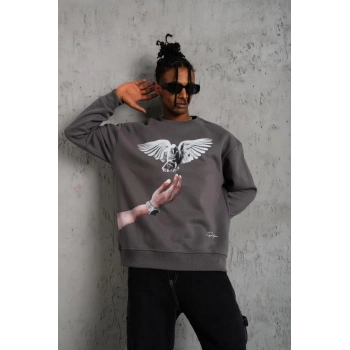 Erkek Güvercin Baskılı Sweatshirt - Gri