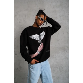 Erkek Güvercin Baskılı Sweatshirt - Siyah