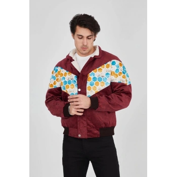 Erkek İçi Astarlı İçten Yaka Kısmı Peluşlu Beyaz Şeritli Vintage Ceket - Mürdüm