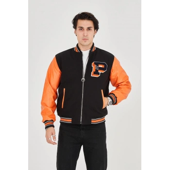 Erkek İçten Elyaf ve Astarlı Kolları Suni Deri Ceket - Turuncu