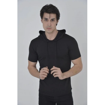 Erkek Kapşonlu Slim Fit T-shirt - Siyah