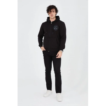 Erkek Kapüşonlu Z Baskılı Fermuarlı Hırka - Siyah