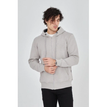 Erkek Kapüşonlu Düz Fermuarlı Hırka - Boyalı Gri