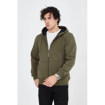 Erkek Kapüşonlu Düz Fermuarlı Hırka - Yeşil