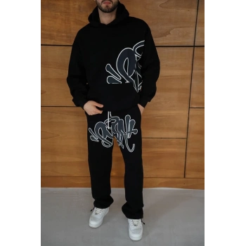 Erkek Kapüşonlu Eşofman Takım Graffiti Baskılı Oversize Rahat Kalıp, Kanguru Cepli, Streetwear Tarzında Premium Ürün 3 iplik Pamuklu - Siyah
