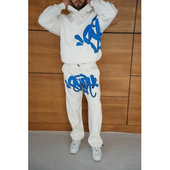 Erkek Kapüşonlu Eşofman Takım Graffiti Baskılı  Oversize Rahat Kalıp, Kanguru Cepli, Streetwear Tarzında Premium Ürün 3 iplik Pamuklu - Beyaz