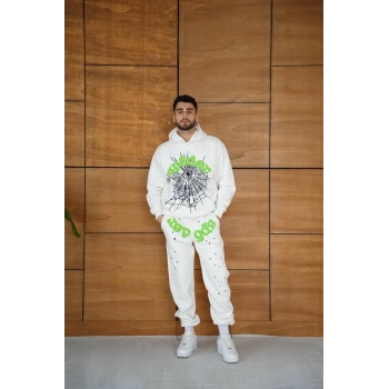 Erkek Kapüşonlu Eşofman Takım Örümcek Ağı ve Neon Yeşil Baskılı Kanguru cepli Oversize Rahat Kalıp, Premium Üç İplik Kumaş - Beyaz