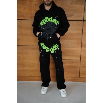 Erkek Kapüşonlu Eşofman Takım Örümcek Ağı ve Neon Yeşil Baskılı Kanguru cepli Oversize Rahat Kalıp, Premium Üç İplik Kumaş - Siyah