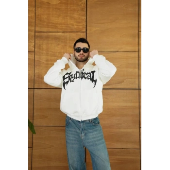 Erkek Kapüşonlu 3 İplik Şardonlu Önü Baskılı Fermuarlı Oversize Sweatshirt - Beyaz