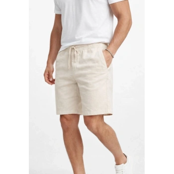 Erkek Keten Kumaş Cepli Rahat Kesim Bel Lastikli Şort - Krem