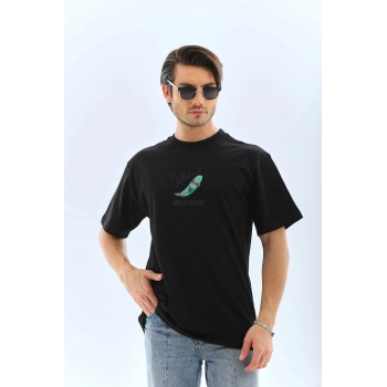 Erkek Kısa Kol Baskılı Bisiklet Yaka T-Shirt - Siyah