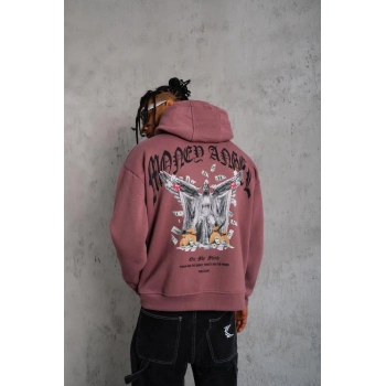 Erkek Kordon İpli Baskılı Kapüşonlu Sweatshirt - Gül Kurusu