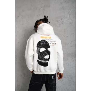Erkek Kordonlu Maske Baskılı Kapüşonlu Sweat - Beyaz