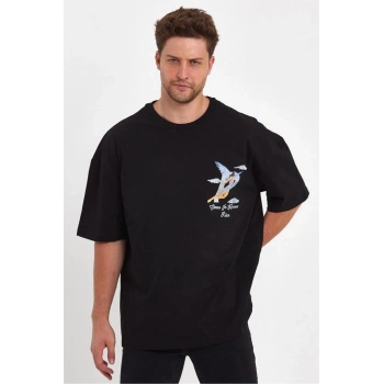 Erkek Melek Baskılı Oversize T-shirt - Siyah