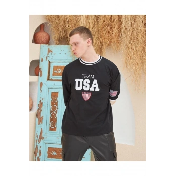 Erkek Nakış İşlemeli Ribanalı  Kısa kol Oversize T-shirt - Siyah