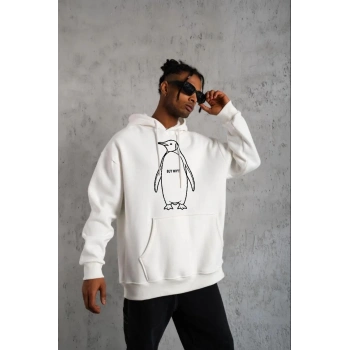 Erkek Nihilist Penguen Özel Tasarım Oversize Kapüşonlu Sweatshirt - Beyaz