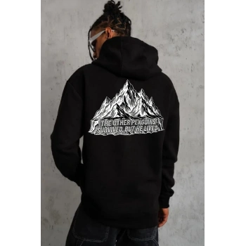 Erkek Nihilist Penguen Temalı Oversize Kapüşonlu Sweatshirt - Siyah
