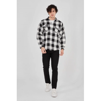 Erkek Oduncu Gömlek – Uzun Kollu, Şardonlu Kumaş, Kareli Desen, Regular Fit, Manşetli, Çift Cepli, Rahat Günlük Bahar & Kış Stil - Siyah