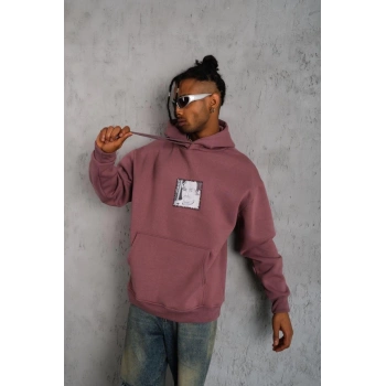 Erkek Ön Arka Baskılı Kapşonlu Sweat - Gül Kurusu