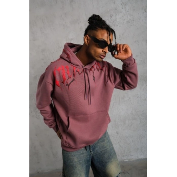 Erkek Ön ve Arka Baskılı Kapüşonlu 3 İplik Sweatshirt - Gül Kurusu