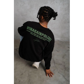 Erkek Oversize Sweatshirt – Siyah Renk | Ön ve Sırt Baskılı, Üç İplik İçi Pamuklu Kumaş, Rahat Kalıp, Ribanalı Kışlık Sweat | Winagain Polizei Serisi - Siyah