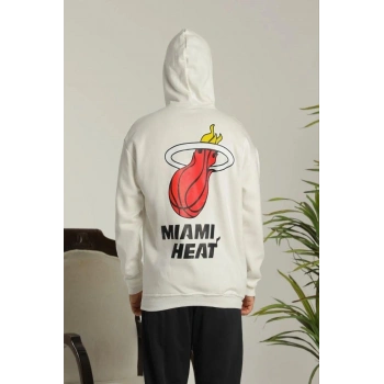 Erkek Oversize Üç İplik Kapüşonlu Sweatshirt –Sırt ve Ön Baskılı, Kanguru Cepli, Rahat Kalıp Maskot Desenli Model - Siyah Beyaz