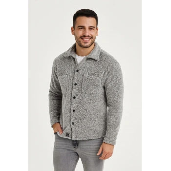Erkek Pelüş Polar Hırka Gömlek – Yakalı, İlik Düğmeli, Göğüs Cepli, Yumuşak Dokulu Kışlık Regular Fit Rahat Günlük Model - Gri