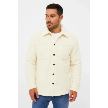 Erkek Pelüş Polar Hırka Gömlek – Yakalı, İlik Düğmeli, Göğüs Cepli, Yumuşak Dokulu Kışlık Regular Fit Rahat Günlük Model - Beyaz