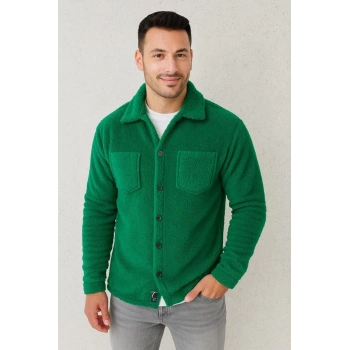 Erkek Pelüş Polar Hırka Gömlek – Yakalı, İlik Düğmeli, Göğüs Cepli, Yumuşak Dokulu Kışlık Regular Fit Rahat Günlük Model - Çimen Yeşili