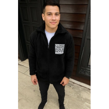 Erkek Polar Fermuarlı Sweatshirt – Kapüşonsuz, Cepli, Yumuşak Dokulu, Oversize Rahat Kalıp, Kışlık Sıcak Tutan Fermuarlı Üst - Siyah