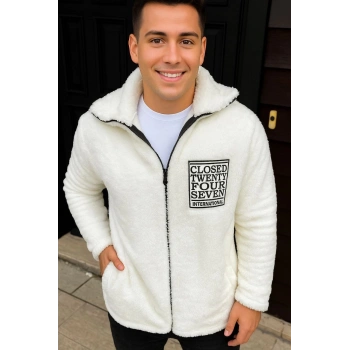 Erkek Polar Fermuarlı Sweatshirt – Kapüşonsuz, Cepli, Yumuşak Dokulu, Oversize Rahat Kalıp, Kışlık Sıcak Tutan Fermuarlı Üst - Beyaz
