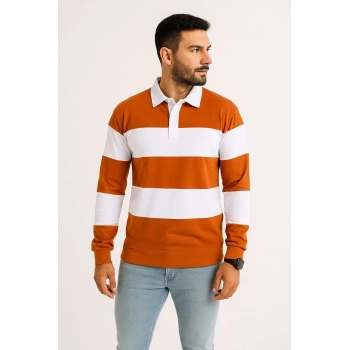 Erkek Polo Yaka Uzun Kollu Çizgili Sweatshirt Trend Rugby Stil - Turuncu