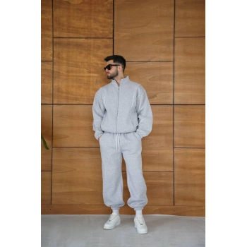 Erkek Premium Parçalı Eşofman Takım - Dik Yaka Fermuarlı Biyeli Sweatshirt Lastik Paça Alt, Oversize 3 iplik Şardonlu - Gri
